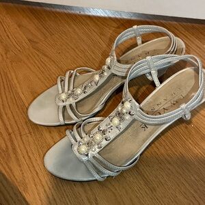 New York Transport Pearl-Embellished Silver Strappy Sandals